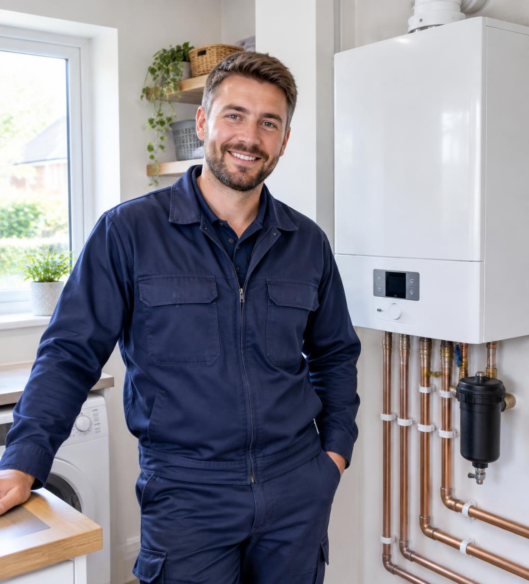 A friendly plumber beside a modern boiler in a clean utility room